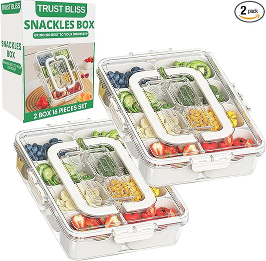 Snackle Box Container, Premium 2-Pack Divided Serving Tray & Lid with 8 Compartments, Large Durable Snackle Boxes for Parties – Snack box container, Perfect for Treats & Gifts (PET)