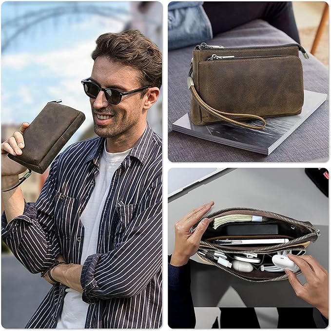 Electronic Organizer Zipper Bag Tech Kit, Top Grain Leather Handmade, Portable Compact Travel Apple Accessories Storage Pouch Fits Phone, USB Cables, Power Banks, Chargers, Hard Drive