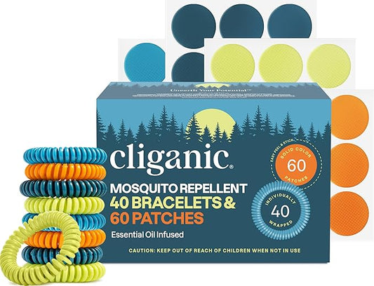 Cliganic Mosquito Repellent Bracelet Stickers Pack for Kids & Adults Multi Color, Natural DEET-Free, Essential Oil Infused 40 Bands with 60 Patches, Citronella Scent