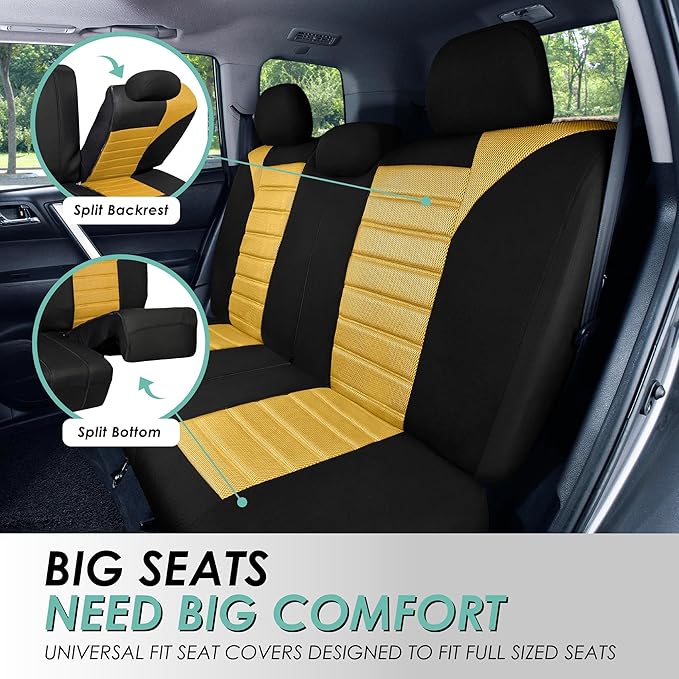 FH Group Automotive Car Seat Covers Full Set Premium 3D Air Mesh Front Seat Covers, Airbag Compatible & Split Bench Cover Universal Fit Interior Accessories for Cars Trucks and SUVs - Yellow