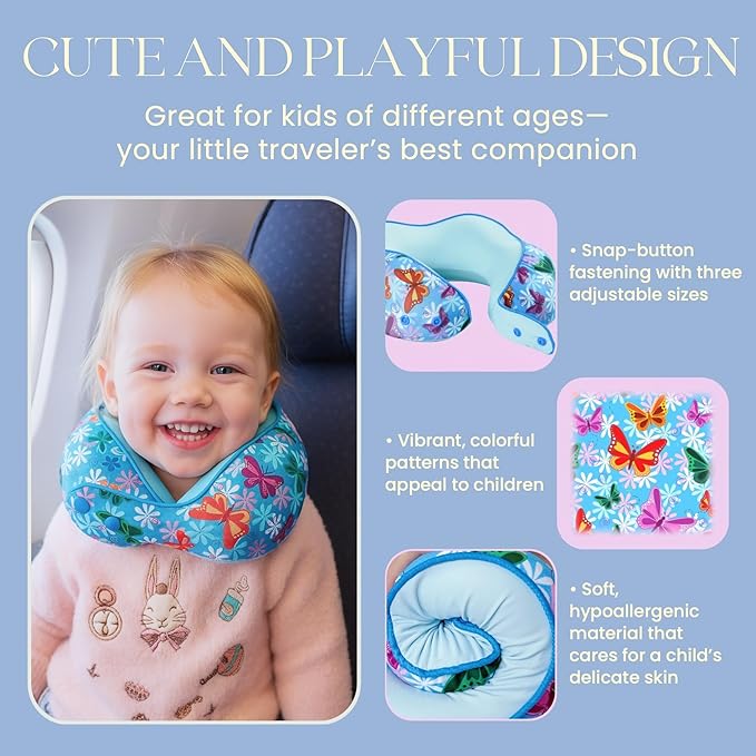 SKYTRAX® Certified Kids Safe Memory Foam Travel Neck Pillow for Kids and Toddlers, Cute Cartoon Design, Car Seat & Airplane Head Neck Support, Adjustable Snap Button, Washable Soft Cover (Butterfly)