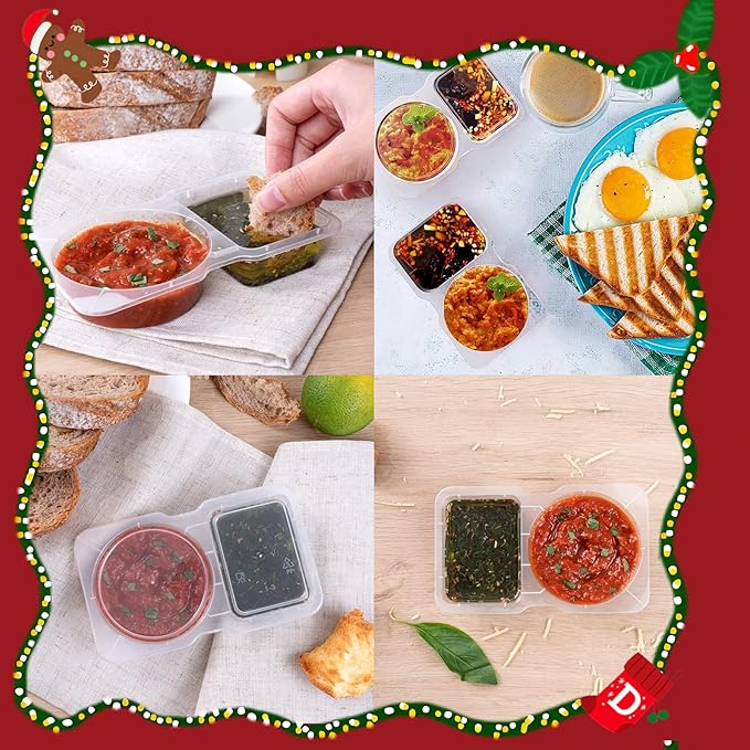 VOUKEN Double Compartment Condiment Container with Lid Double Compartment Snack Containers Double Compartment Snack Containers for to-go Sauce, Sampling, Travel Snack (Transparent 20PCS)