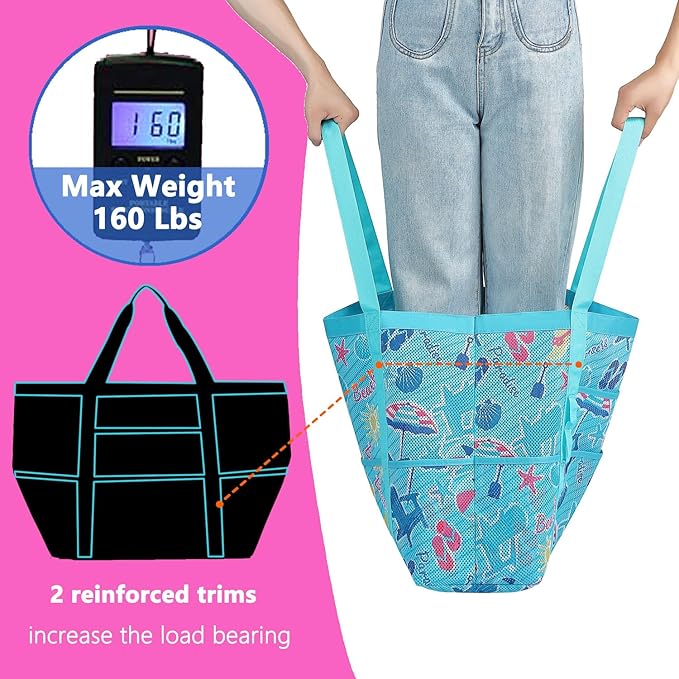 Mesh Beach Bag, Large Beach Tote with Zipper Pocket for Family Pool Bag for Toys & Vacation Essentials