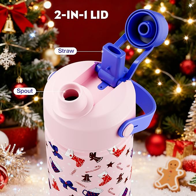 26 oz Christmas Insulated Water Bottle with 2-in-1 Straw and Spout Lid, Keep Cold 24H, Leak-Proof, Fits in Car Cup Holder, Stainless Steel Water Bottle for Gift, Trip, Party (Sugar & Spice Holiday)