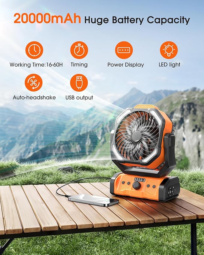 Portable Rechargeable Camping Fan - 20000mAh Cordless Battery Powered Tent Fans with LED Lantern, Remote Auto Oscillating USB C Table Operated Ventilador for Travel Outdoor Beach