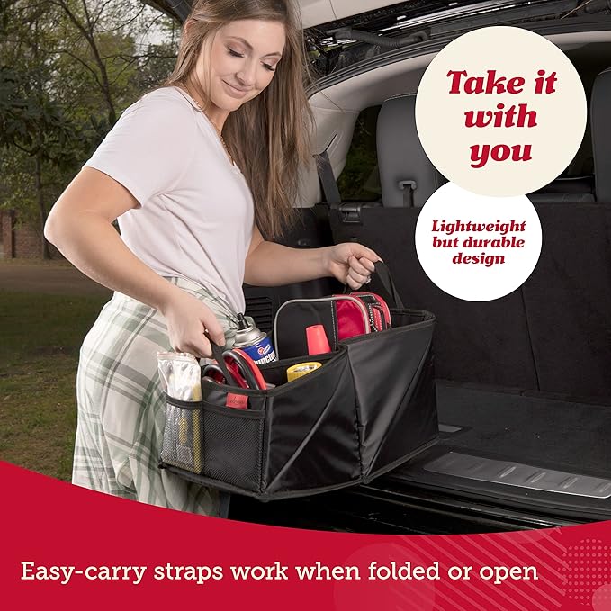 Lusso Gear 9-Compartment Car Seat Organizer with Cup Holders - For Front, Back, Passenger Seats, Truck and Van (Black w Red Stitch)