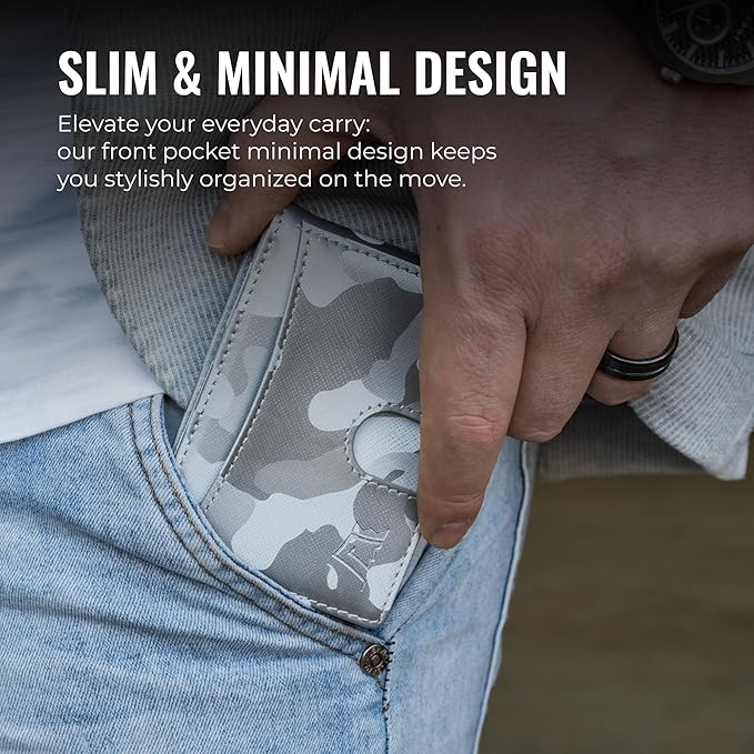 Kings Loot Money Clip Slim Minimalist Wallet for Men – RFID Blocking Leather Design with Money Clip – Front Pocket Bifold Holds 12 Cards – Stylish & Compact Wallets (Camo White/Engraved)