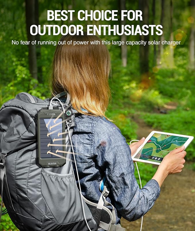 BLAVOR Solar Charger Power Bank 10,000mAh, Portable Wireless Charger, 20W Fast Charging External Battery Pack with USB C for Cell Phones, Solar Panel Charger with Dual Flashlight for Camping