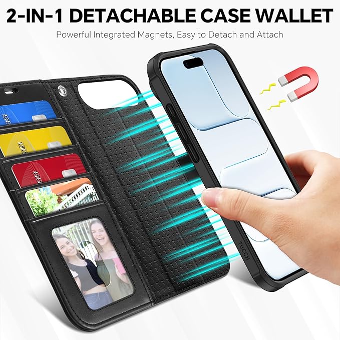 TUCCH 2-in-1 Detachable Wallet Case for iPhone Air (6.5") 2025, Wireless Charging | RFID Blocking 4 Card Holders | Wrist Strap | Kickstand | Magnetic | PU Leather | Protective Flip Cover | Black