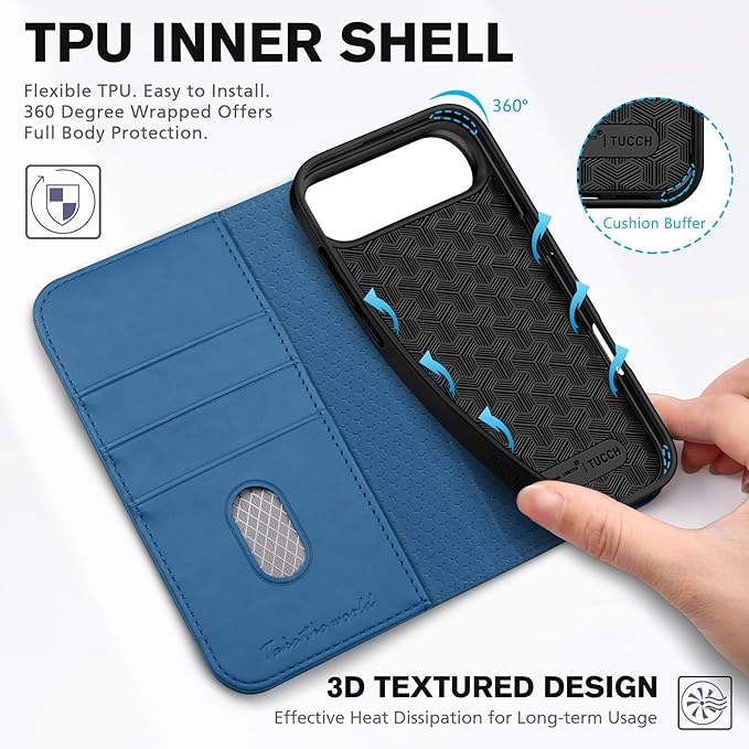 TUCCH Wallet Case for iPhone Air (6.5-Inch) 2025, 3 Credit Card Slot | RFID Blocking | Stand | PU Leather | Shockproof TPU Interior Shell | Protective Flip Folio Cover | Lake Blue