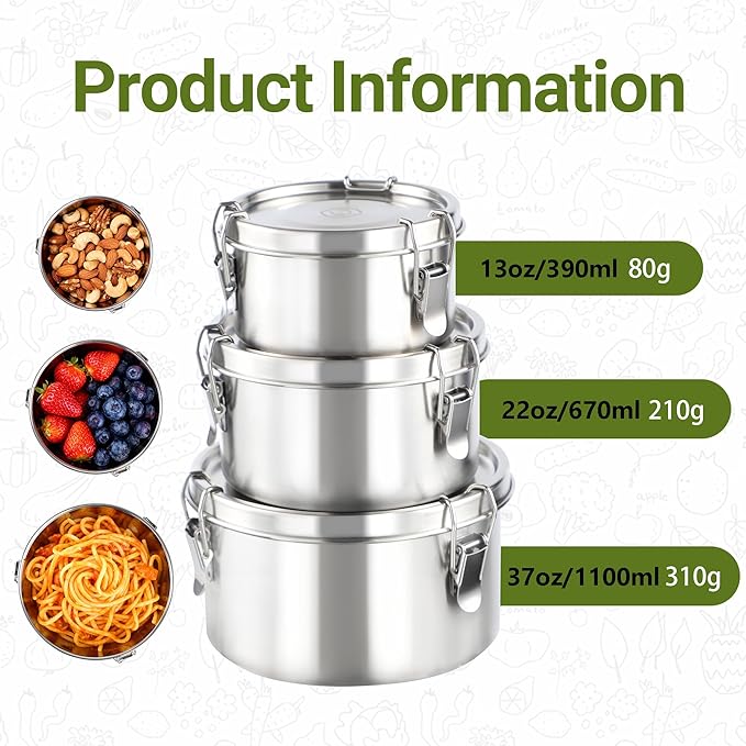 NAYELF Food Storage Containers With Lids,3pcs/set Stainless Steel Meal Prep Containers,Oven,Freezer,Dishwasher Safe for Snacks,Fruits&On the Go Container