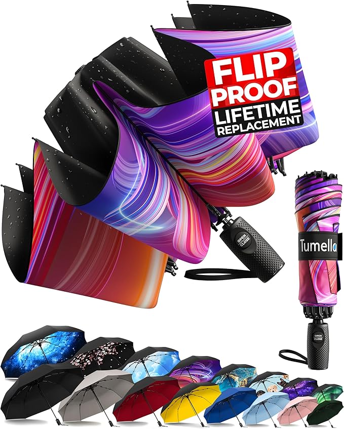 TUMELLA Flip-proof Inverted Travel Umbrella, Small Strong but Light Portable and Automatic Reverse Folding Rain Umbrella, Durable Premium Grip, Fits Car & Backpack