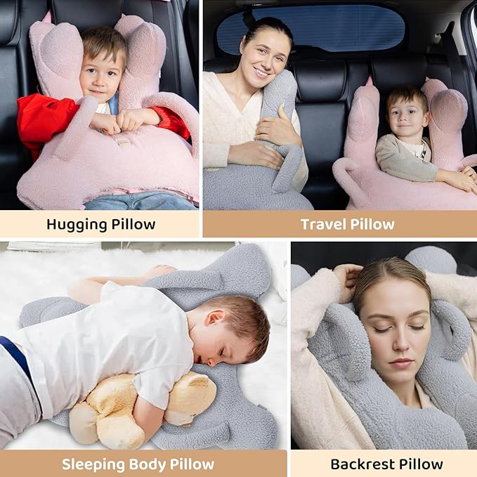 FLORICH Kids Travel Pillow, Car Sleeping Travel Pillow for Kids, Removable H-Shaped Pillow for Adults and Children to Support Head and Body Road Trips with Neck Pillow and Blanket (Pink)