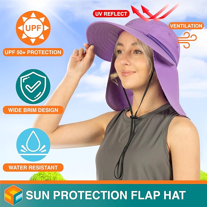 SUN CUBE Sun Hat for Women with Ponytail Hole Neck Flap, Gardening Hat Women Sun Protection, UV Hats Hiking Walking Fishing