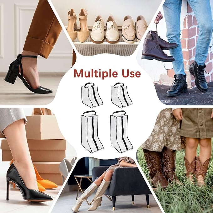 Boot Storage Bags [4PCS] - Plastic Tall Short Boot Carry Bags Clear Shoe Bags with Handle for Travel & Daily Use - [Black] Waterproof & DustProof Boot Bags for Cowboy Boots