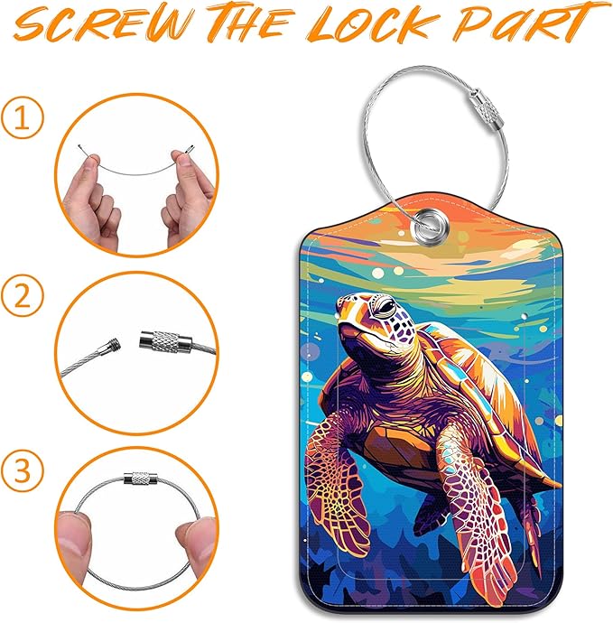 Sea Turtle Luggage Tag for Suitcase 2 Pack Leather Luggage Tag with Privacy Flap Name ID Label and Metal Loop for Women Men Travel
