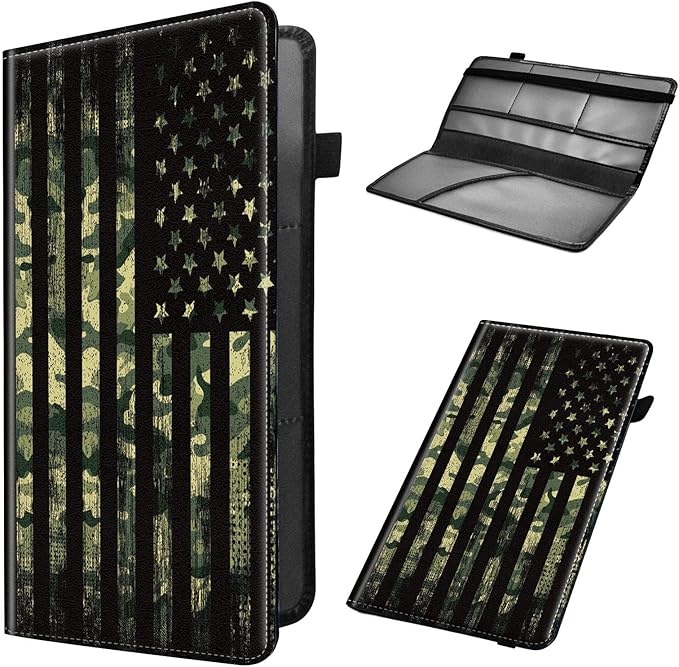 Car Registration and Insurance Holder, Leather Car Glove Box Organizer, Cool Car Accessories for ID, Driver's License Cards & Essential Document, business cards, Men&Women,Military Camouflage USA Flag
