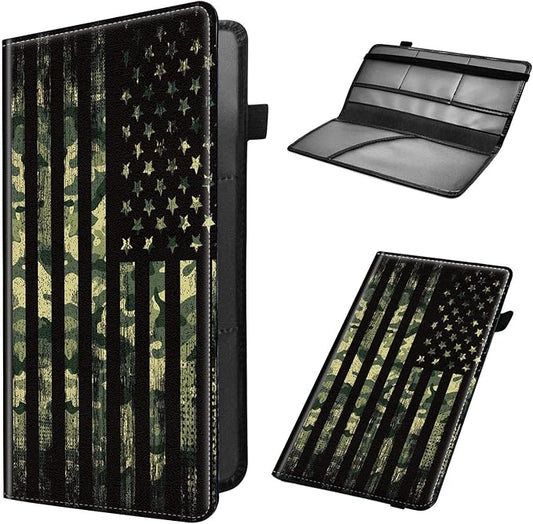 Car Registration and Insurance Holder, Leather Car Glove Box Organizer, Cool Car Accessories for ID, Driver's License Cards & Essential Document, business cards, Men&Women,Military Camouflage USA Flag