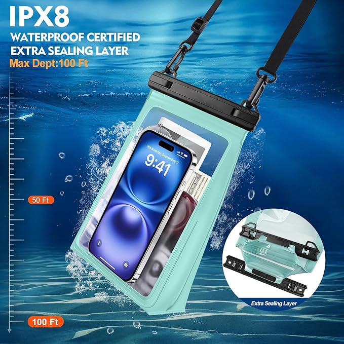 Large Waterproof Phone Pouch [with Sealing Strip], Cell Phone Dry Bag for iPhone Galaxy All Phones, Floating Water Proof Bag for Beach Water Park Green