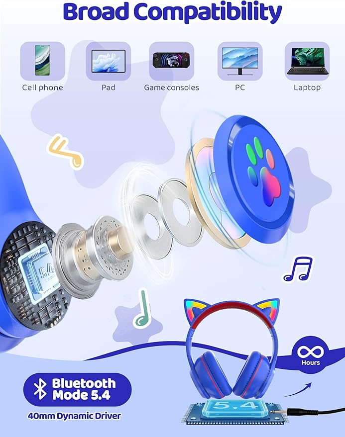 MIDOLA Kids Headphones Cat Ear Wireless Bluetooth 5.3 60H Over Ear, 8H with Led Light Foldable Headset with Aux 3.5mm Mic for Travel Pad Tablet Blue