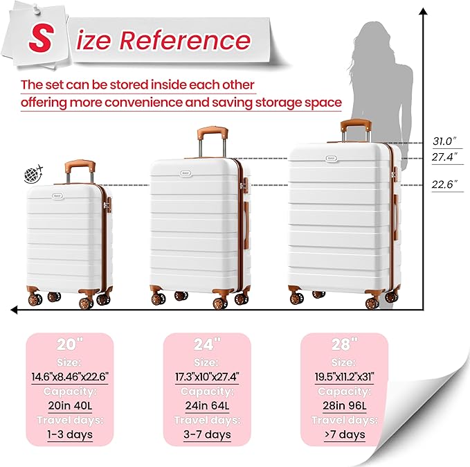 AnyZip Luggage Sets 3 Piece Hardshell Suitcase Set PC ABS Lightweight Travel Suitcases with 4 Double Spinner Wheels TSA Lock 20 24 28 Inch White Brown