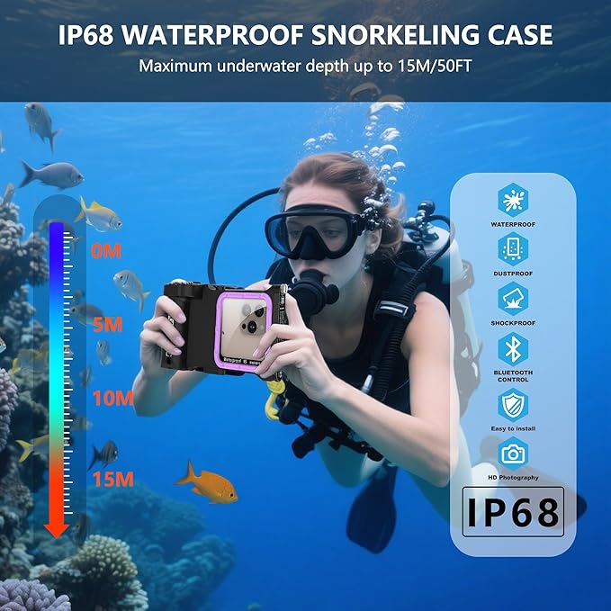 ShellBox Case Bluetooth Diving Phone Cover Housing – IP68 Waterproof 50FT/15M, Universal Fit with iPhone/Samsung/Android – Underwater Filming Photo Video for Snorkeling, Scuba Swimming, Black Purple