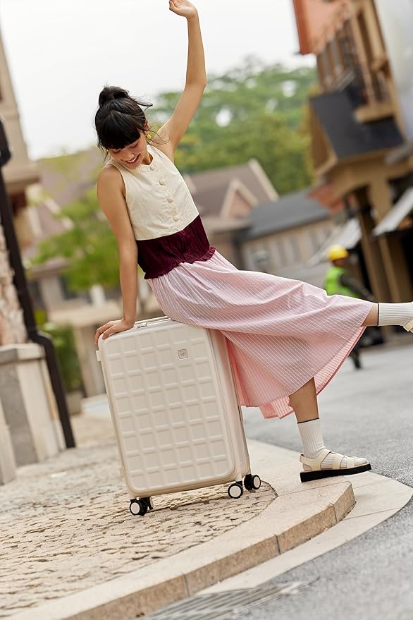 aji Expandable Top Opening 26 Inch Checked Luggage with Spinner Wheels, Large Suitcase with TSA Lock, Hard Shell Travel luggage Suitcases for Men Women, for 20+Days Travel, Coconut White