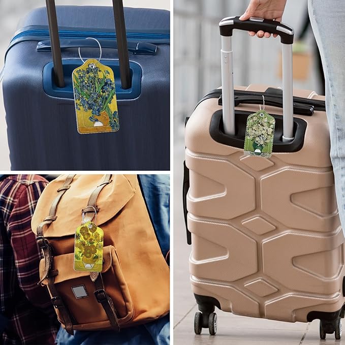 Rimilak 3 Pcs PU Leather Luggage Tags for Suitcase, Travel Cruise Luggage Tag with Privacy Flap, Name ID Label and Metal Loop for Women Men Baggage Handbag School Bag Backpack, Flower Vase