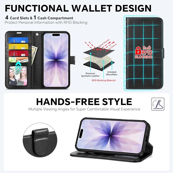 TUCCH 2-in-1 Detachable Wallet Case for iPhone 17 (6.3-inch) 2025, Wireless Charging | RFID Blocking 4 Card Holders | Wrist Strap | Kickstand | Magnetic | PU Leather | Protective Flip Cover | Black