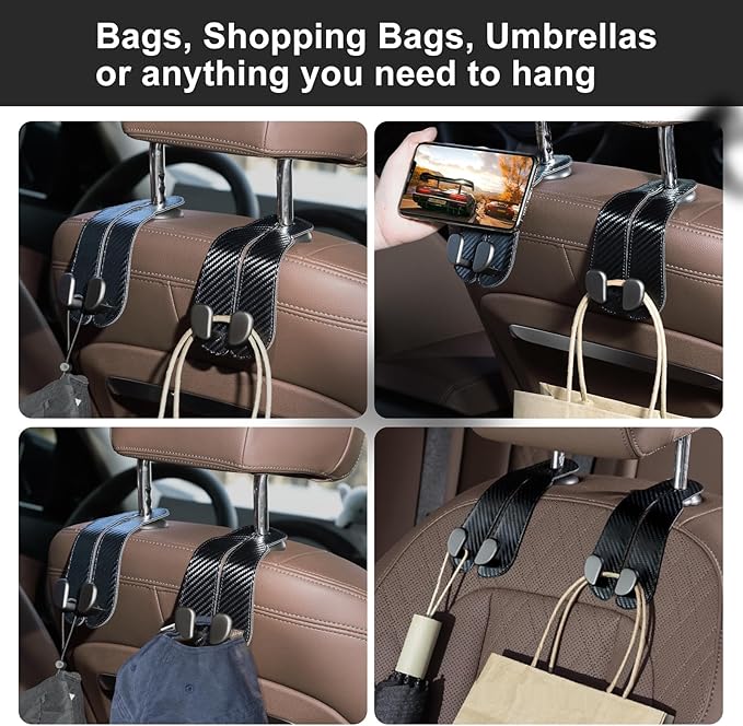 CoBak Headrest Hooks for Car - Universal Premium Stitched Leather and Aluminum-Magnesium Alloy Double Car Seat Back Storage Hook for Purses, Handbags, Bags (2 Pack),Black Carbon Fiber