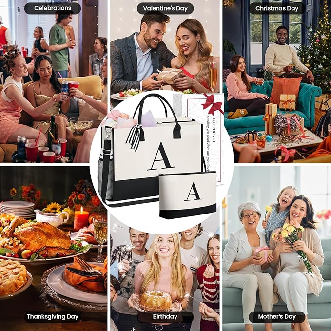 BAGAIL Initial Tote Bag, Personalized Birthday Gifts for Women, Teacher, Friends, Mom, Wedding, Monogrammed Beach Bag