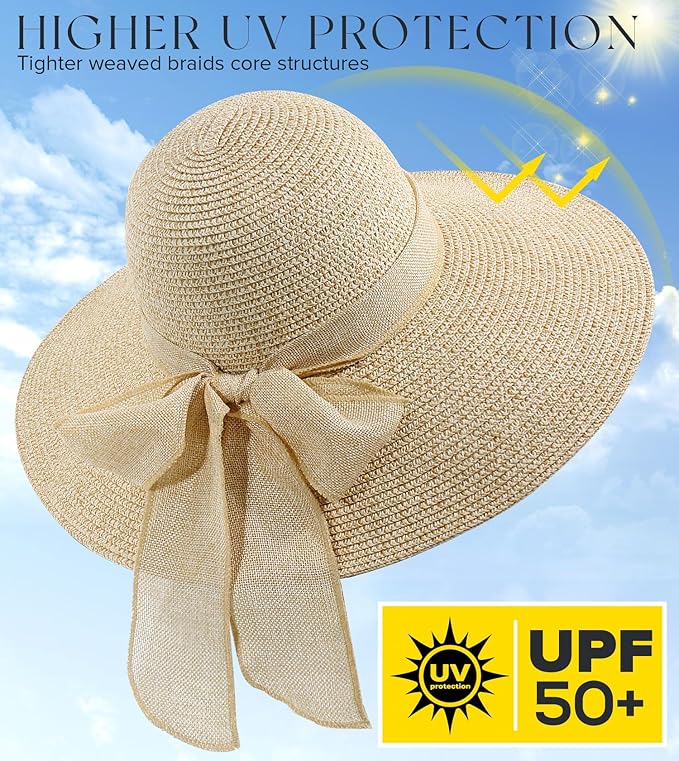 Beach Sun Hats for Women,Wide Brim Straw Hat Floppy Packable UPF 50+ UV Protection with for Summer