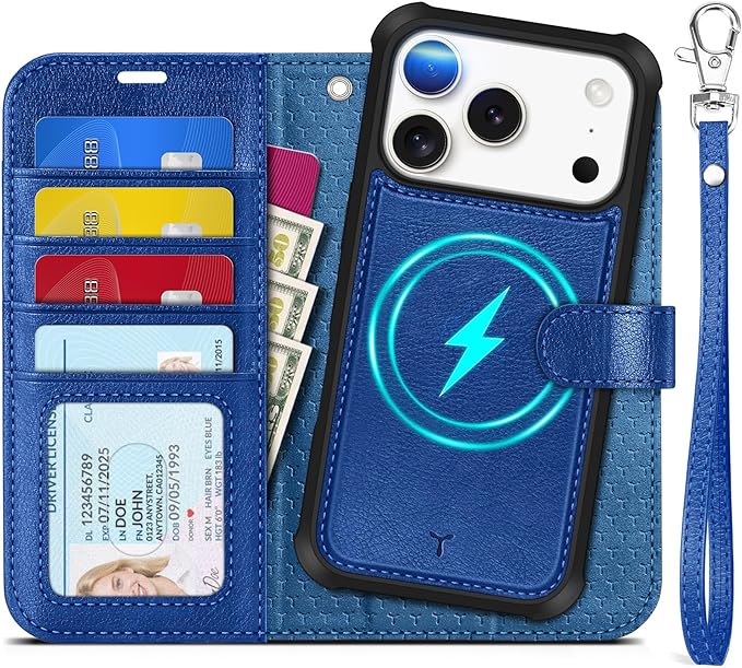 TUCCH 2-in-1 Detachable Wallet Case for iPhone 17 Pro (6.3-inch) 2025, RFID Blocking 4 Card Slot | Wireless Charging | Wrist Strap | Kickstand | Magnetic | PU Leather | Protective Cover | Klein Blue