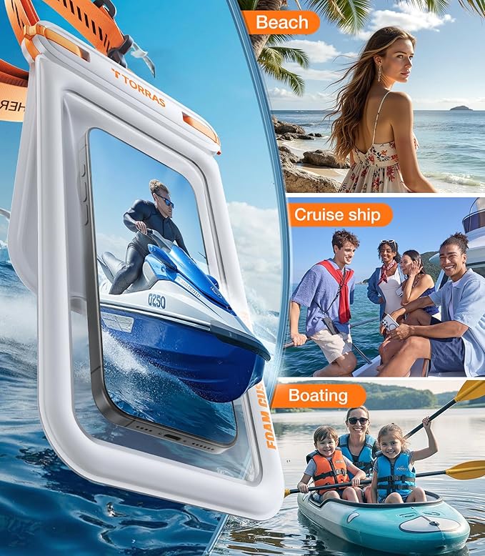 TORRAS IP68 Waterproof Phone Pouch Double Space, Floating Waterproof Phone Case with Lanyard for iPhone 17 Pro Max 16 15 14 S25 S24, Phone Dry Bag Vacation Cruise Ship Travel Essentials 7.0'', White