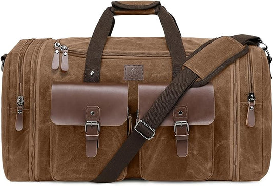 Waxed Canvas Duffle Bag for Men 50L Travel Duffel Bags Expandable Genuine Leather Duffel Overnight Weekender Carry On Bag Two Zipper Pockets Travel Bag (Vintage Dark Brown, Large-50L)