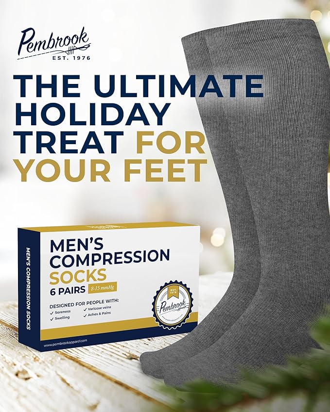 Pembrook Light Compression Socks for Men - 6 Pairs | 8-15 mmHg Graduated Compression Socks for Men 9-12 | Support Socks