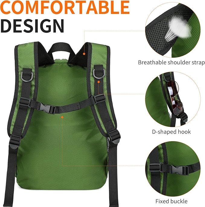 Small Hiking Backpack 15L Travel Lightweight Hiking Packable Daypack Water-Resistant Foldable Backpacks for Women Men Camping (Green)