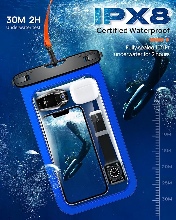 Lanhiem 10.5" Large Waterproof Phone Pouch, 2 Pack Universal IPX8 Waterproof Dry Bag with Lanyard for iPhone 16 15 14 Pro Max, Samsung Galaxy S24 S23 S22 Ultra, S23 FE, Pixel 9 8 Pro, Black+Blue
