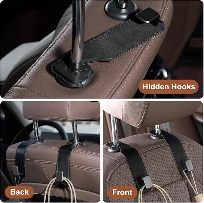 CoBak Headrest Hooks for Car - Universal Premium Stitched Leather and Aluminum-Magnesium Alloy Single Car Seat Back Storage Hook for Purses, Handbags, Bags (2 Pack), Black Texture