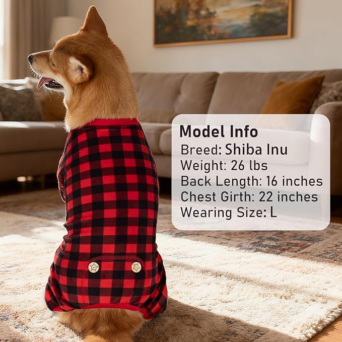 KYEESE Dog Pajamas Velvet Pets Onesie Comfy Pet Costume Soft Dogs Clothes Pet Jammies Red Buffalo Check Pet Pjs Stretchy Dog Pajamas for Small Dogs Warm Pets Outfit,L