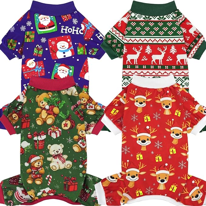Xpudac 4 Pack Dog Christmas Pajamas Reindeer Puppy Clothes Cute Santa Claus Dog Pajamas Costumes Outfit Red Green Small