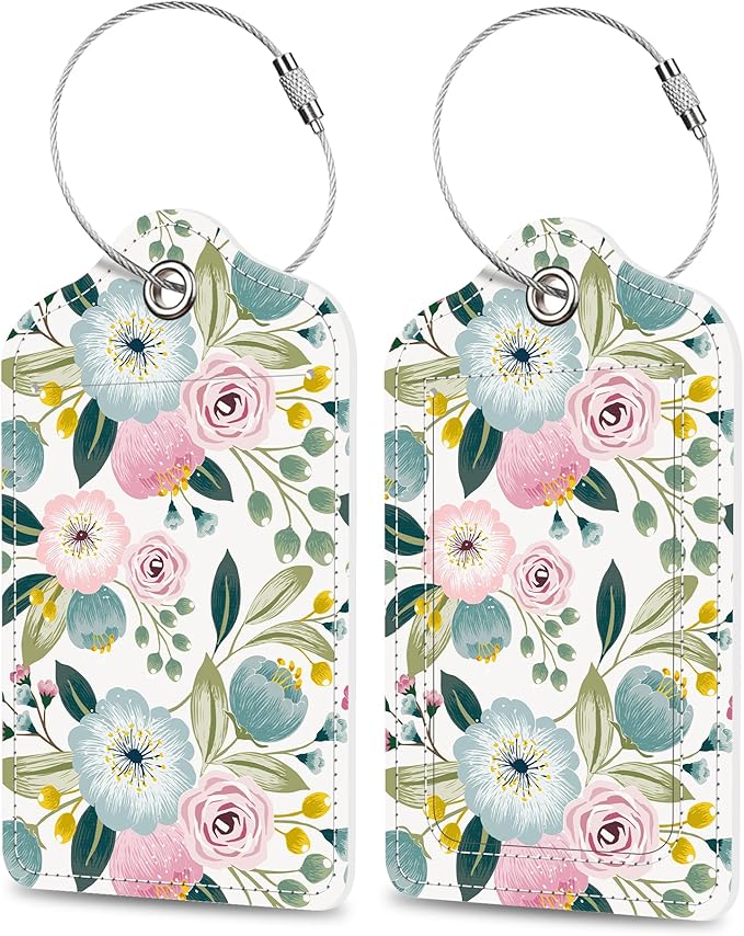 Spring Flowers Luggage Tags 2PCS PU Leather Suitcases Tag with Stainless Steel Loop and Privacy Name Address Cover Label Card for Women Men Travel