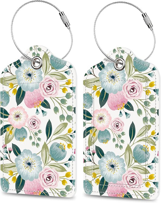 Spring Flowers Luggage Tags 2PCS PU Leather Suitcases Tag with Stainless Steel Loop and Privacy Name Address Cover Label Card for Women Men Travel