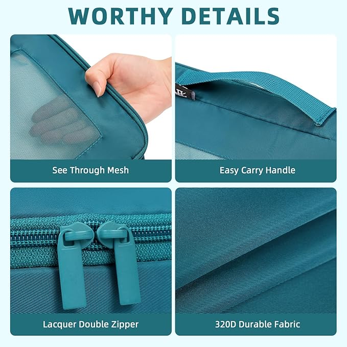 BAGAIL 4 Set/6 Set/8 Set Compression Packing Cubes Travel Accessories Expandable Packing Organizers (Square Mesh, 06-Teal)