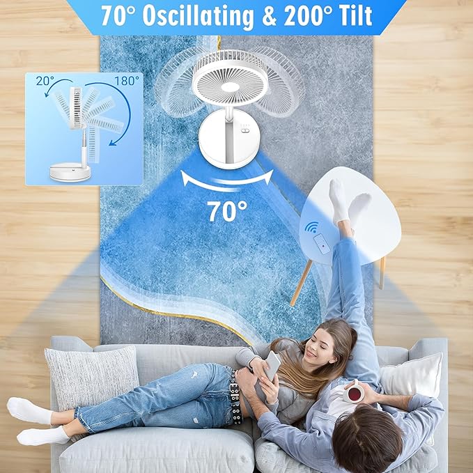 LIPETY Portable Foldable Rechargeable Oscillating Fan - 9" 7200mah Battery Operated USB C Small Fan Remote, Quiet Table Desk Fan Folding Standing Pedestal Fans for Bedroom Rome Office Camping Travel