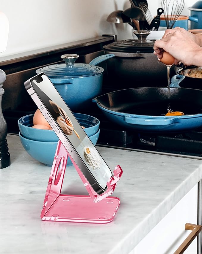 TOPGO 2 Pack Acrylic Phone Stand, Pink Phone Holder for Office Desk, Vanity, Kitchen Counter, Bedside Table, Compatible with iPhone 17 16 15 14 13 12 Pro Max Plus/Smartphones/iPad/Switch/Kindle - Pink