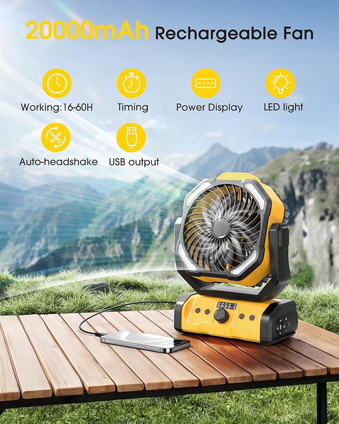 Portable Camping Fan Rechargeable - 20000mAh Cordless Battery Powered Fans with LED Lantern, Remote Auto Oscillating USB C Table Operated Tent Ventilador for Travel Outdoor Fishing Bedroom Home