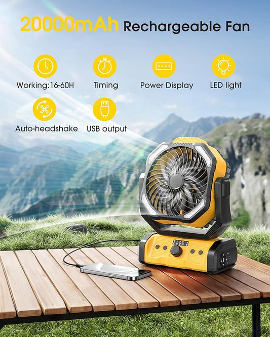 Portable Camping Fan Rechargeable - 20000mAh Cordless Battery Powered Fans with LED Lantern, Remote Auto Oscillating USB C Table Operated Tent Ventilador for Travel Outdoor Fishing Bedroom Home