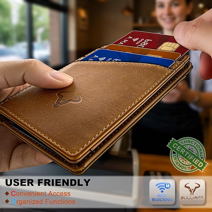 BULLIANT Men Wallet,Top Grain Leather Slim Wallet Magnetic Closure Simplifed Bill Folder RFID Blocking 11Cards