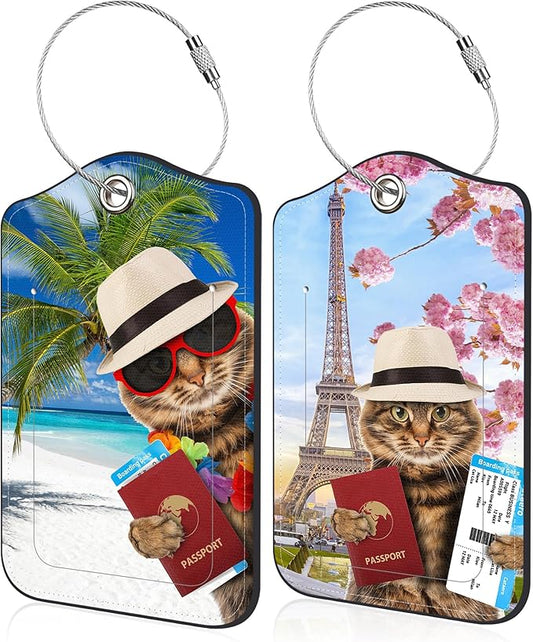 2 Pack Luggage Tag for Suitcase Funny Cat Passport Leather Travel Cruise Luggage Tag with Stainless Steel Loop Name ID Label Privacy Cover for Adults Teens Travel Bag Labels Set